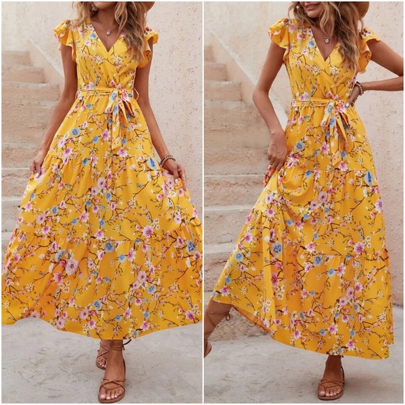 Boho Floral Print Butterfly Sleeve Maxi Dress - Picture 8 of 16